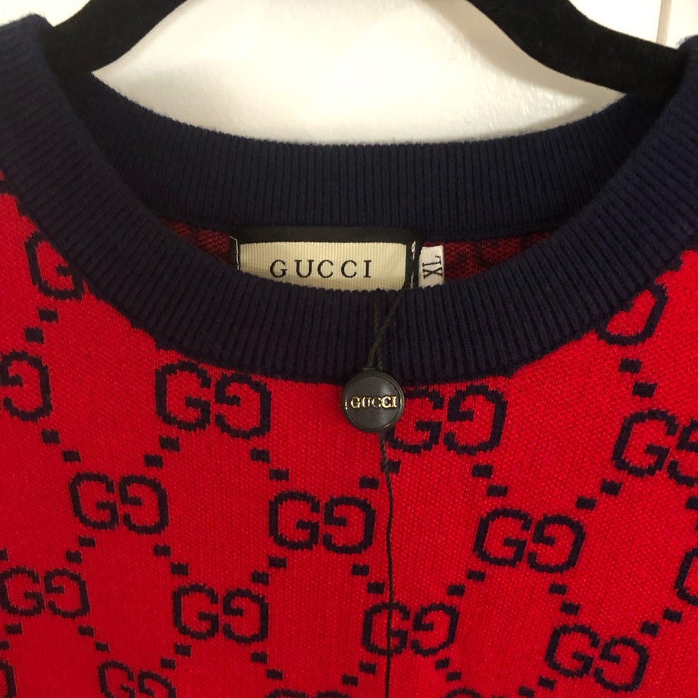 Red and Navy Blue Gucci sweater with GG monogram